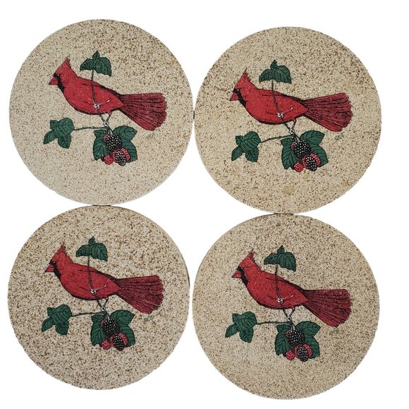 Natural Sandstone Coasters Set of 4 Red Cardinal Bird & Berries Cork Backing 4" - Picture 1 of 4